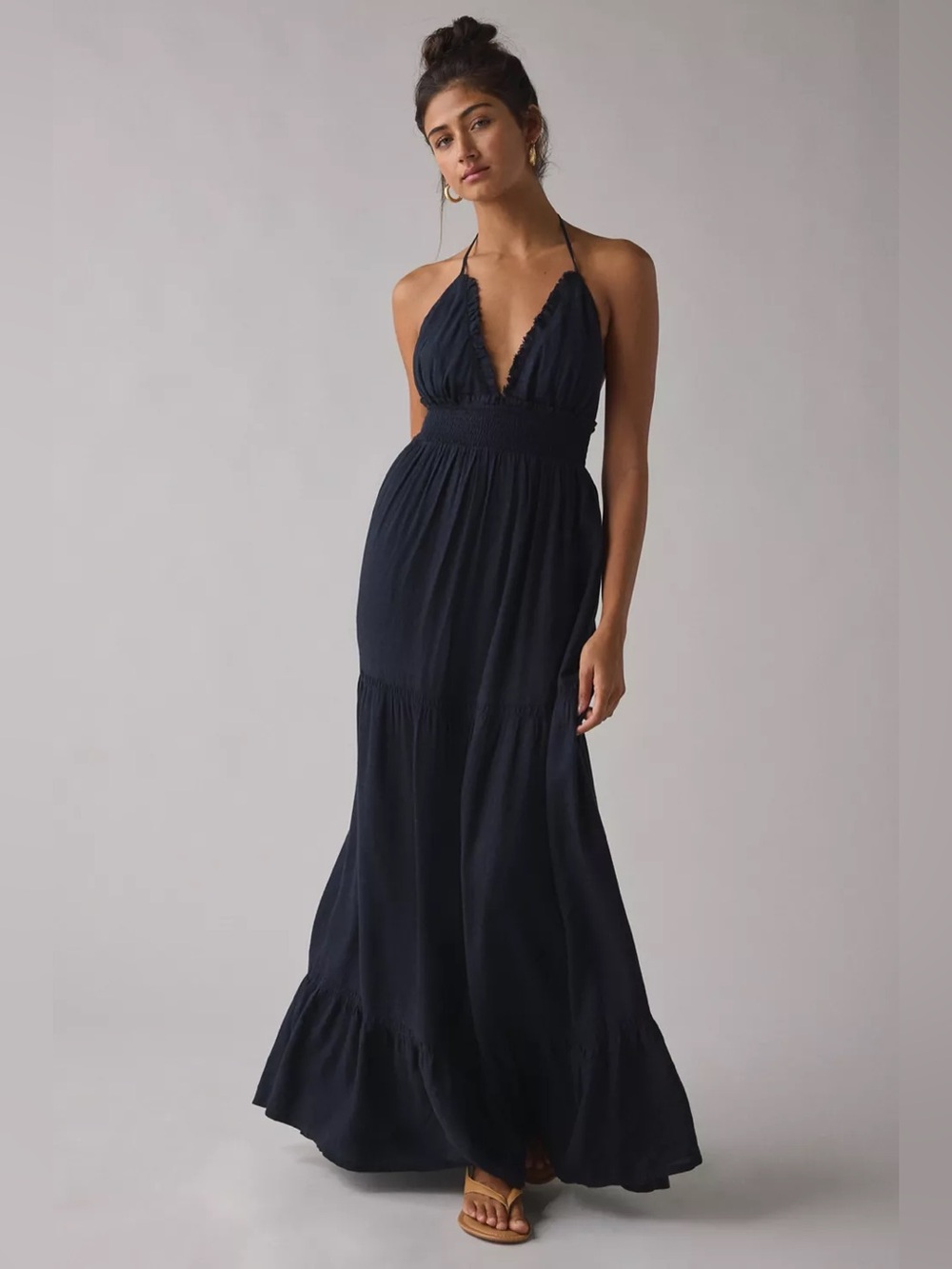New Kimchi Blue Phoebe Open Back Halter Tiered Maxi Dress Rayon Black Sz S NWOT